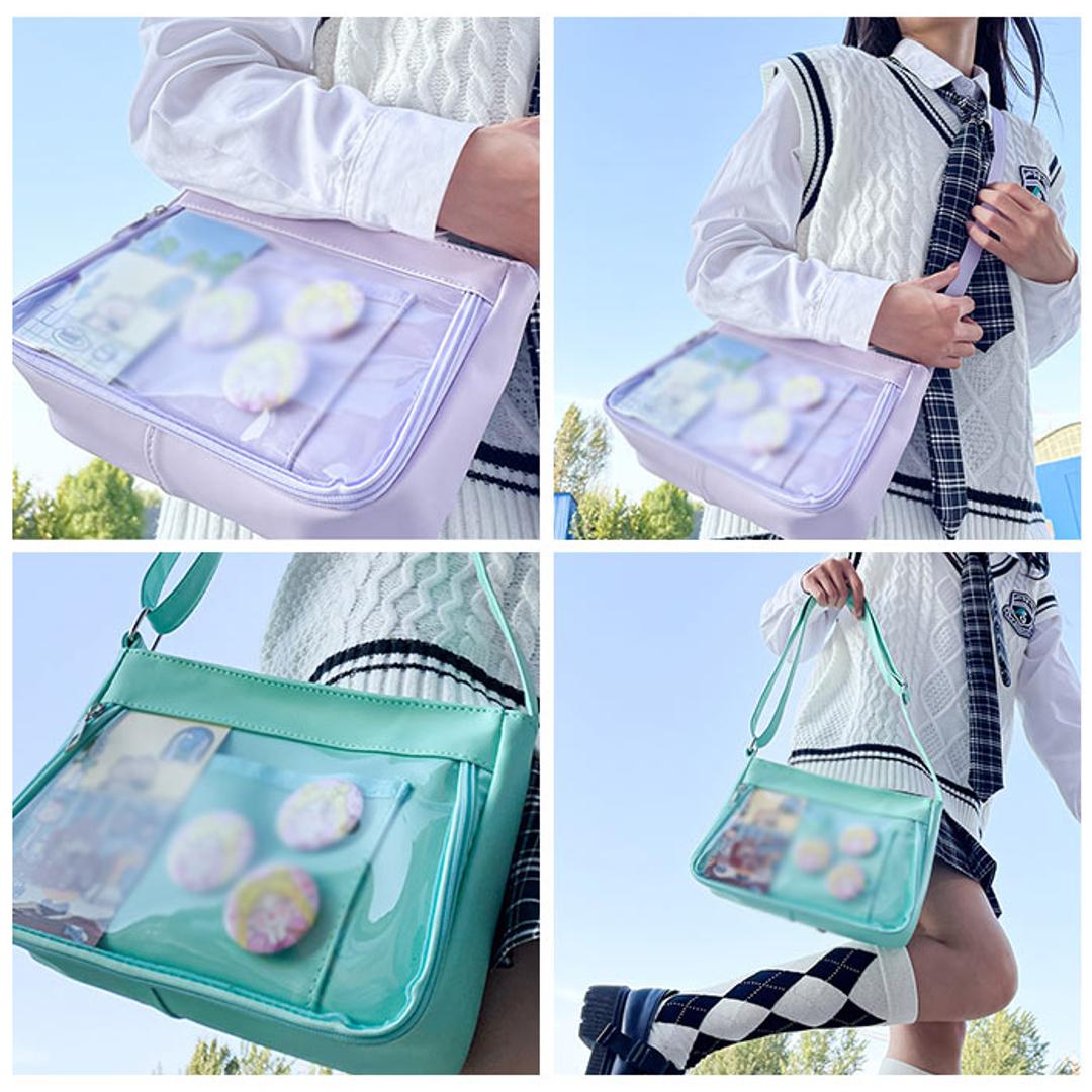 痛バッグ ショルダーバッグ 通販 デコバッグ バック 鞄 かばん デコバ 痛バ 肩掛け 斜め掛け 透明ポケット 推し活 オタ活 イベント ぬいぐるみ 缶バッジ 学生 通学 軽量 PU クリアバッグ トートバッグ メッセンジャーバッグ おしゃれ ホワイト ・