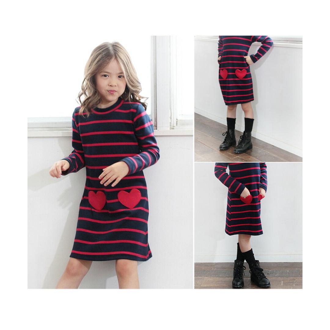 Rora キッズ ワンピース 女の子 長袖 通販 キッズワンピース 10001714 長袖ワンピース 冬 秋冬 ボーダー ハート ポケット付き しましま 綿 コットン ナチュラル おしゃれ 可愛い オシャレ かわいい カジュアル 子ども服 子供服 キッズファッション RED×NAVY 120cm