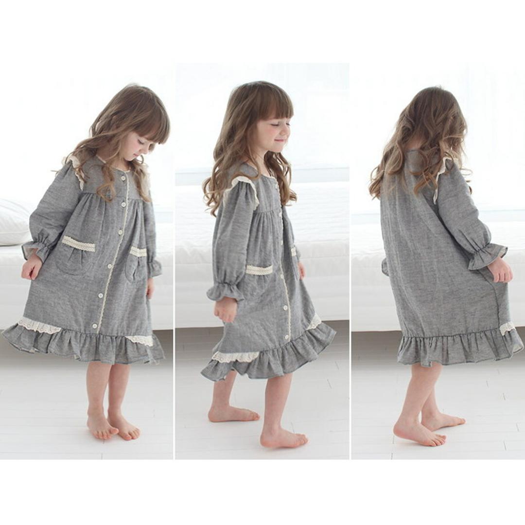 Rora キッズ パジャマ 女の子 ジュニア 通販 ワンピース 10006251 パジャマドレス ナイトドレス ルームワンピース 長袖 ポケット レース フリル おしゃれ かわいい オシャレ 可愛い ワンピ ルームウェア ナイトウェア 子ども服 子供服 キッズファッション GRAY L