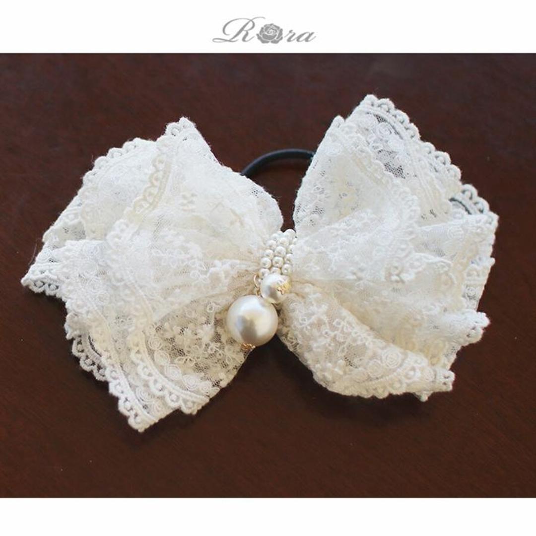 Rora ヘアゴム キッズ 通販 ノンノン 髪ゴム 髪飾り 髪留め リボン レース 大きい パール 女の子 子供 子ども こども おしゃれ かわいい フォーマル 大人っぽい 上品 入園式 卒園式 入学式 卒業式 結婚式 パーティー ヘアアレンジ ヘアアクセサリー オフホワイト FREE