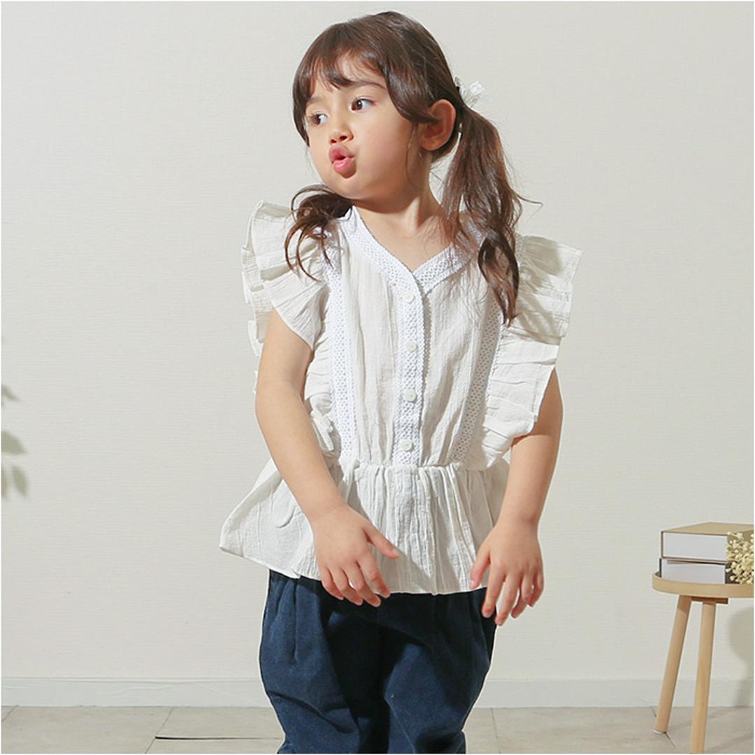 Rora ブラウス 襟なし 通販 ローラ レナ カットソー キッズ 子供 女の子 女子 こども 子ども きれいめ フレンチスリーブ フリル レース ボタン おしゃれ かわいい オシャレ 可愛い カジュアル トップス 子ども服 子供服 キッズファッション グレー 110cm