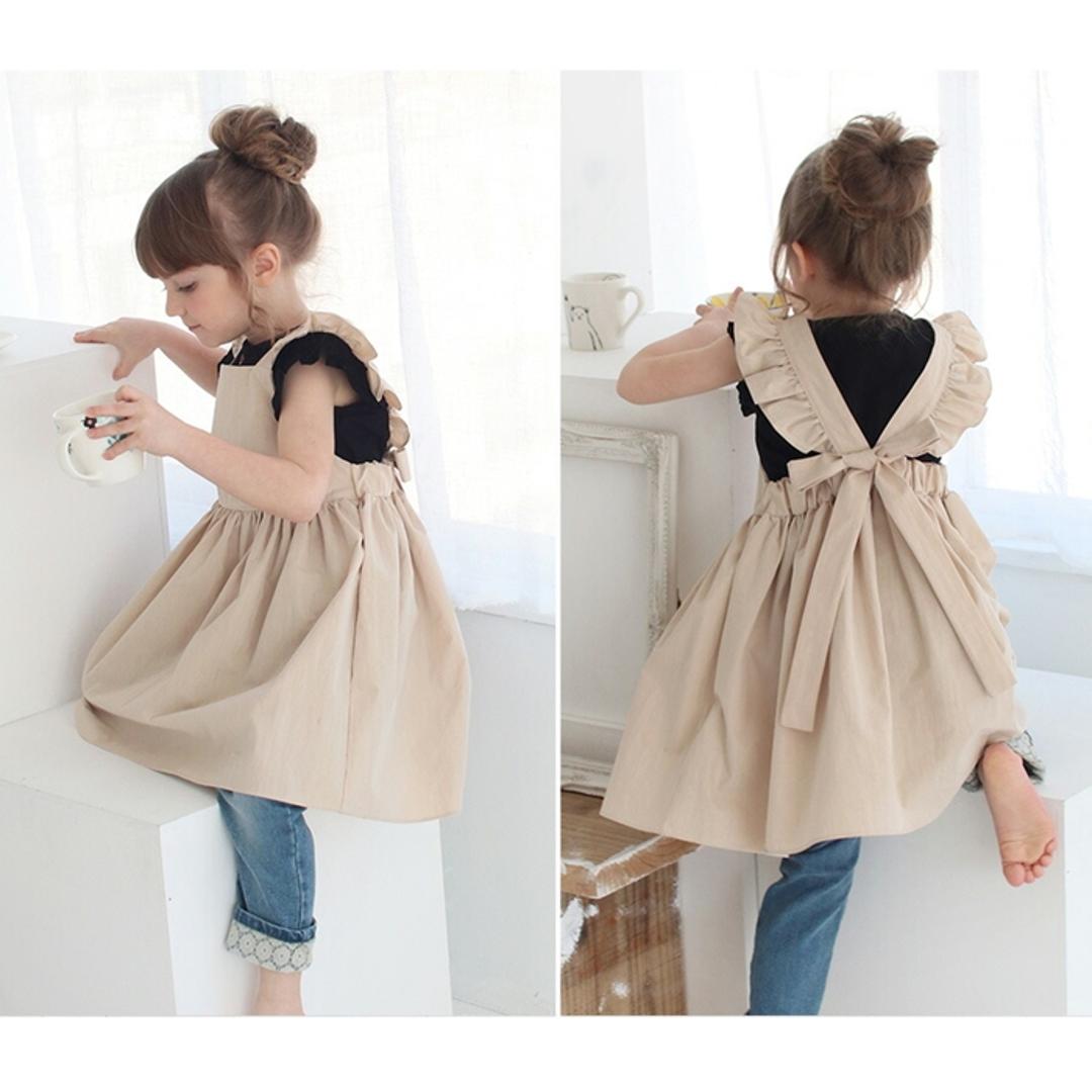 Rora エプロンドレス 子ども 通販 エプロン ドレス 子供 5014-19-55 エプロンワンピース ワンピース フリル キッズ 女の子 ギャザー 撥水 オシャレ 可愛い おしゃれ かわいい 無地 シンプル 子ども服 子供服 キッズファッション BEIGE 2XL