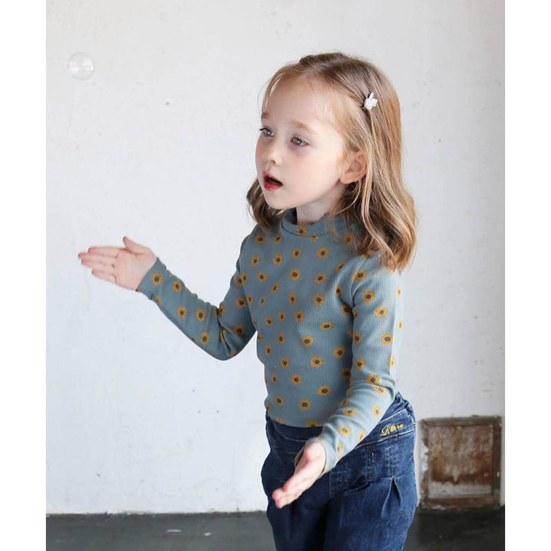 Rora 女の子 キッズ 長袖 Tシャツ 通販 ロンT 63042302 長袖Tシャツ カットソー リブ編み ハイネック 花柄 ひまわり おしゃれ かわいい オシャレ 可愛い 秋 冬 春 秋冬 こども 女子 小学生 トップス 子ども服 子供服 キッズファッション ココア 100cm