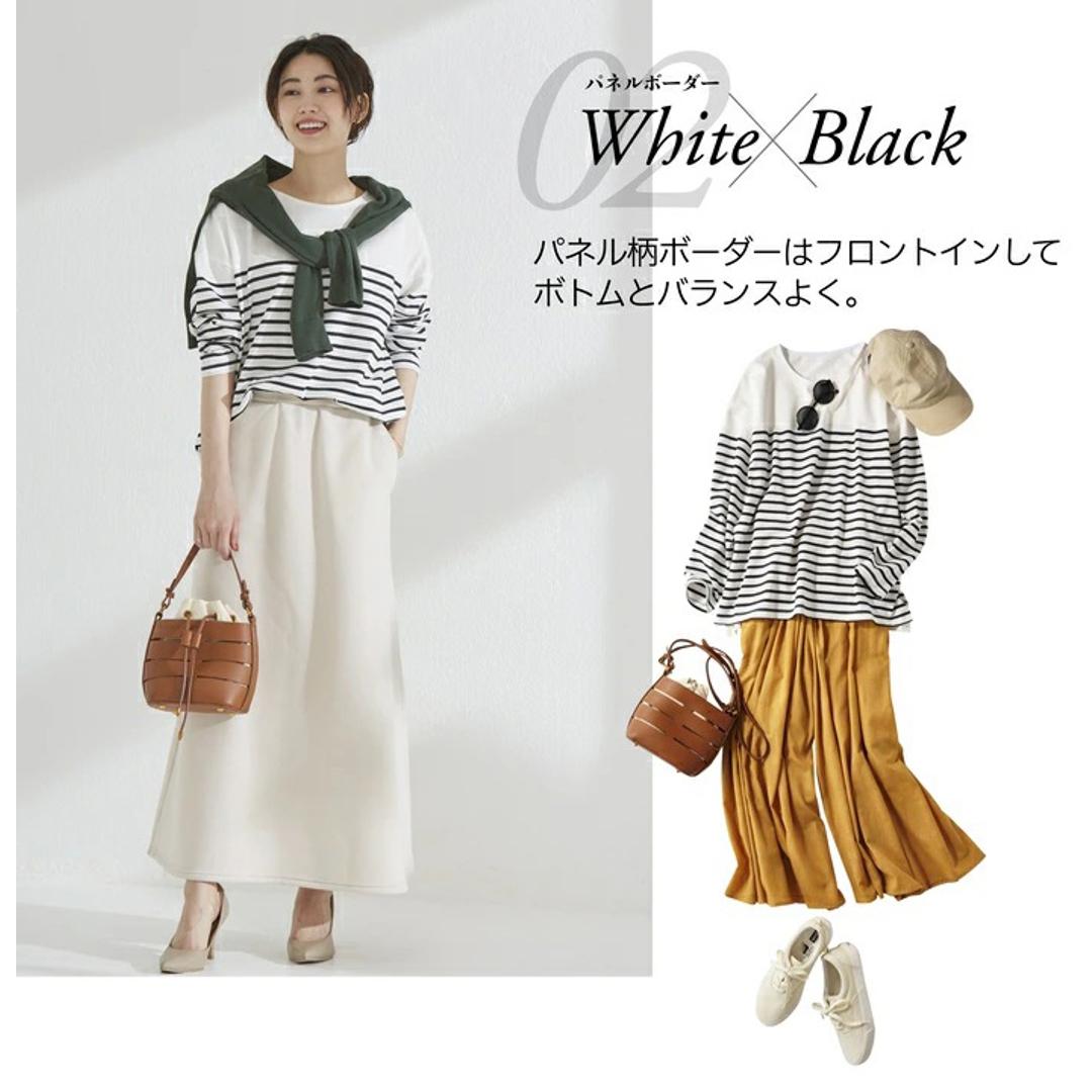 綿100 ロンT レディース 通販 Tシャツ カットソー プルオーバー 長袖 トップス 綿100%ボーダーロングT おしゃれ シンプル 大人 かわいい カジュアル ナチュラル 体型カバー 女性 ミセス 婦人 シニア レディースファッション ホワイト×ブラック Mサイズ