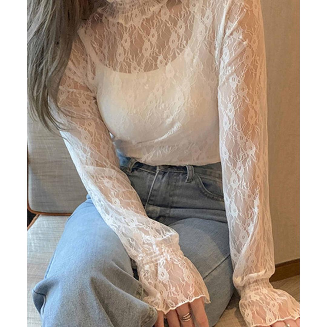 シースルー ブラウス 通販 シースルーブラウス 長袖ブラウス レースブラウスレディース レディース 女性 トップス ハイネックブラウス レーストップス 長袖トップスおしゃれ 長袖トップスレディース 春夏秋 上品 透け感 立ち襟 オシャレ かわいい 可愛い ホワイト Mサイズ