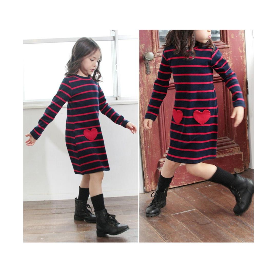 Rora キッズ ワンピース 女の子 長袖 通販 キッズワンピース 10001714 長袖ワンピース 冬 秋冬 ボーダー ハート ポケット付き しましま 綿 コットン ナチュラル おしゃれ 可愛い オシャレ かわいい カジュアル 子ども服 子供服 キッズファッション RED×NAVY 120cm