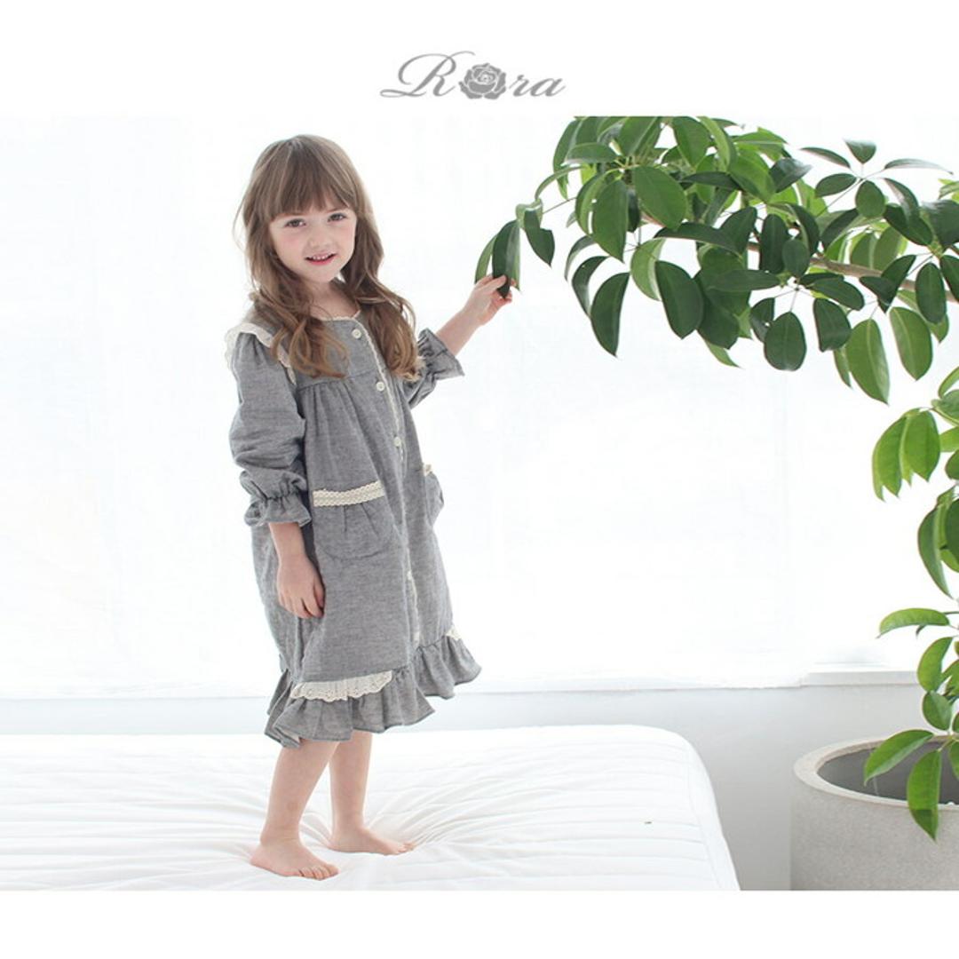 Rora キッズ パジャマ 女の子 ジュニア 通販 ワンピース 10006251 パジャマドレス ナイトドレス ルームワンピース 長袖 ポケット レース フリル おしゃれ かわいい オシャレ 可愛い ワンピ ルームウェア ナイトウェア 子ども服 子供服 キッズファッション GRAY L