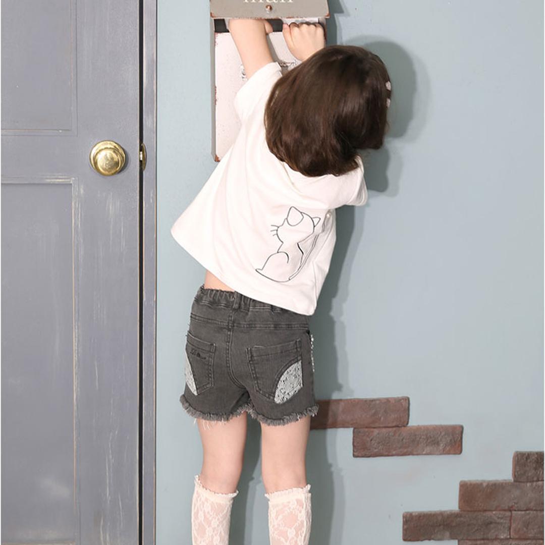 Rora ショートパンツ 通販 ローラ エステラ ハーフパンツ 短パン デニムパンツ デニム キッズ 子供 こども 子ども 女の子 女子 パール レース おしゃれ かわいい オシャレ 可愛い カジュアル ボトムス 子ども服 子供服 キッズファッション チャコールグレー 110cm