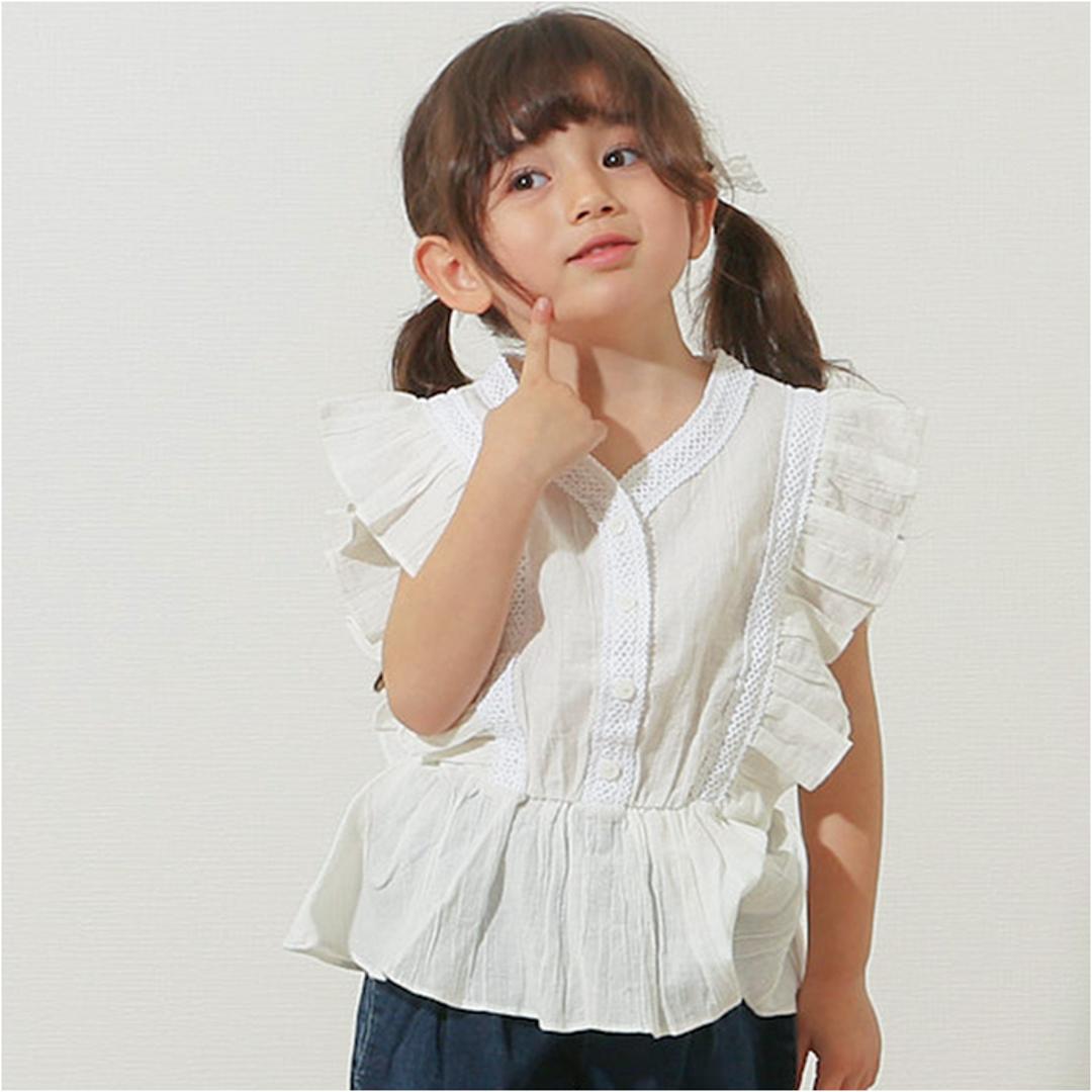 Rora ブラウス 襟なし 通販 ローラ レナ カットソー キッズ 子供 女の子 女子 こども 子ども きれいめ フレンチスリーブ フリル レース ボタン おしゃれ かわいい オシャレ 可愛い カジュアル トップス 子ども服 子供服 キッズファッション グレー 110cm
