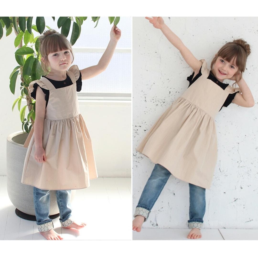 Rora エプロンドレス 子ども 通販 エプロン ドレス 子供 5014-19-55 エプロンワンピース ワンピース フリル キッズ 女の子 ギャザー 撥水 オシャレ 可愛い おしゃれ かわいい 無地 シンプル 子ども服 子供服 キッズファッション BEIGE 2XL