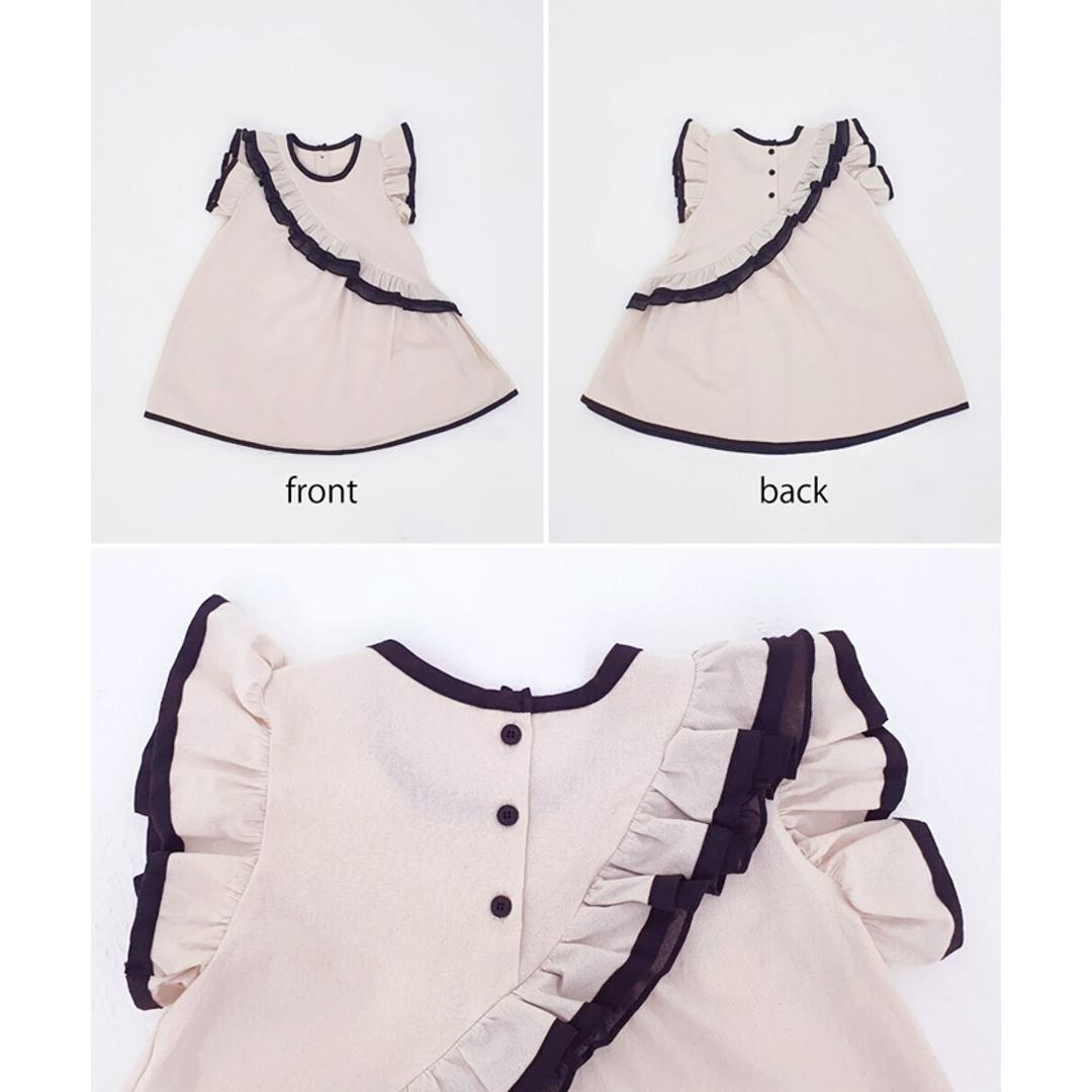 Rora 半袖 ワンピース キッズ 通販 半袖ワンピース 52072201 ワンピ 夏 女の子 綿100 フリル 肩フリル アシンメトリー ノースリーブ 袖なし 大人っぽい レトロ おしゃれ 大人可愛い オシャレ かわいい カジュアル 子ども服 子供服 キッズファッション ベージュ 110cm