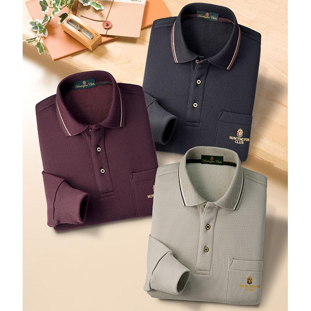 ポロシャツ 長袖 メンズ 通販 シャツ メンズシャツ トップス おしゃれ 長袖シャツ カジュアルシャツ カジュアル 長袖ポロシャツ 裏起毛 あたたかい あったか HUNTINGTON CLUB ハンティントンクラブ 胸ポケット付き シニア 紳士 オシャレ ブラック Mサイズ
