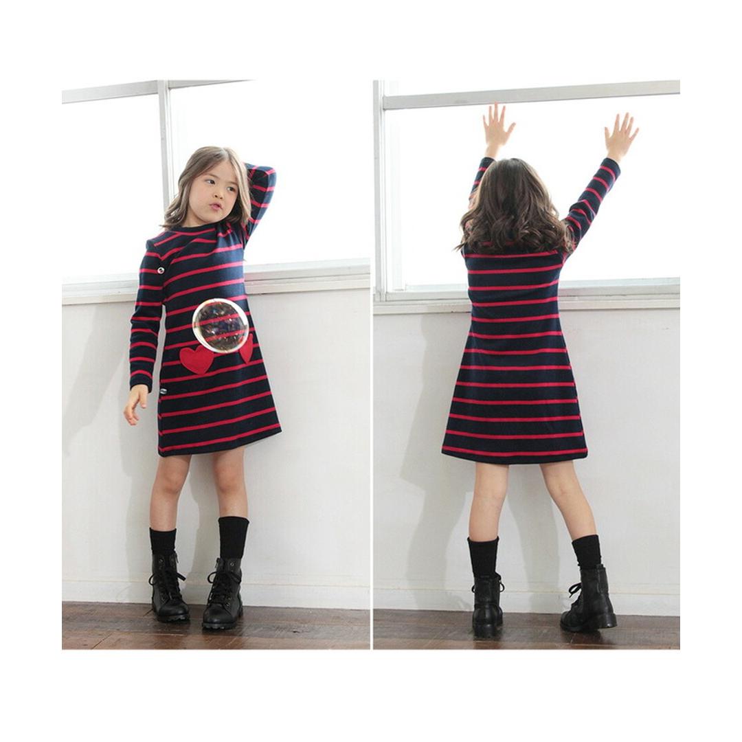 Rora キッズ ワンピース 女の子 長袖 通販 キッズワンピース 10001714 長袖ワンピース 冬 秋冬 ボーダー ハート ポケット付き しましま 綿 コットン ナチュラル おしゃれ 可愛い オシャレ かわいい カジュアル 子ども服 子供服 キッズファッション RED×NAVY 120cm