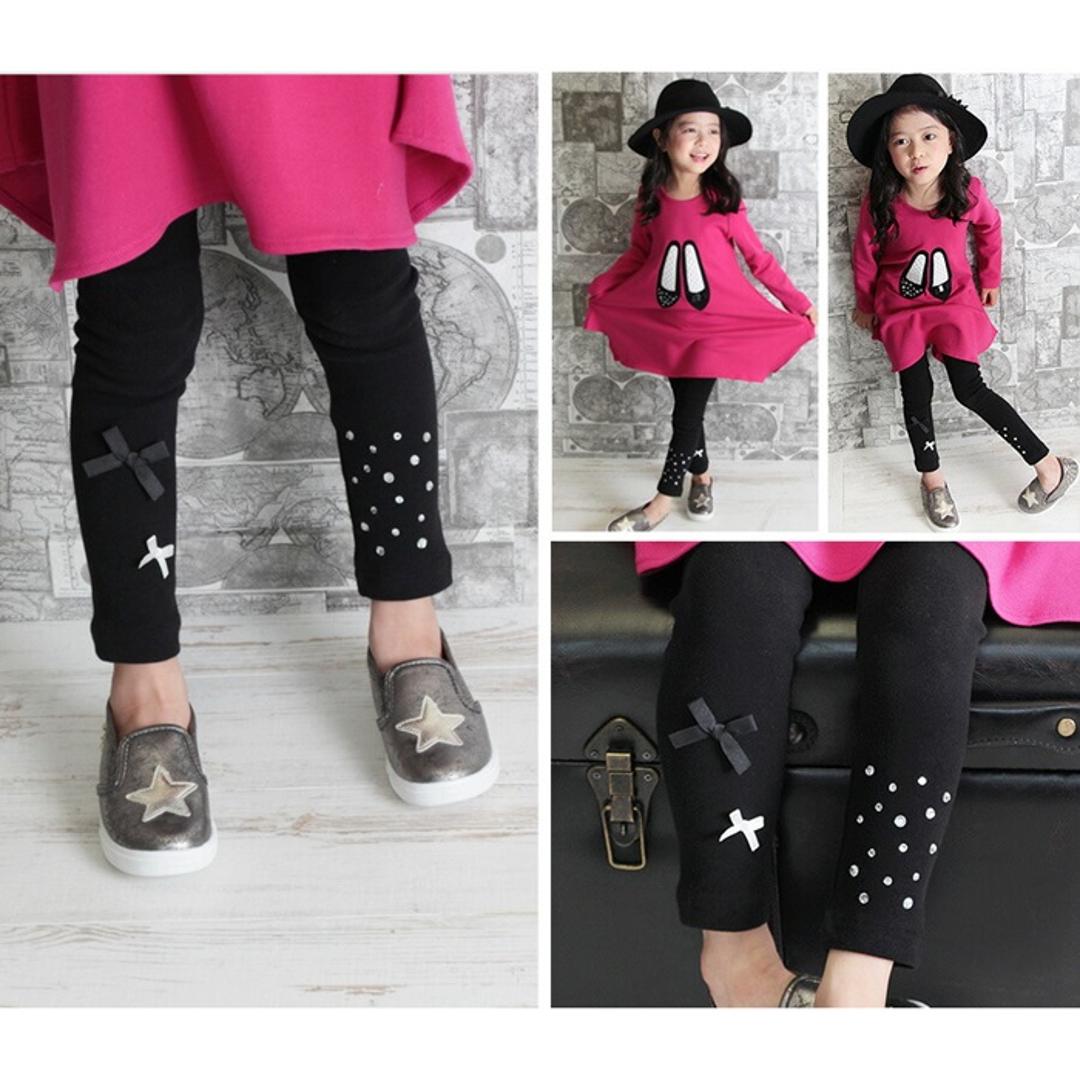 Rora 女の子 キッズ レギンス かわいい 通販 スパッツ 10002931 パンツ 秋 冬 春 10分丈 十分丈 黒 アシンメトリー リボン ストーン こども 小学生 女子 おしゃれ 可愛い オシャレ ボトムス レッグウェア 子ども服 子供服 キッズファッション BLACK 100cm