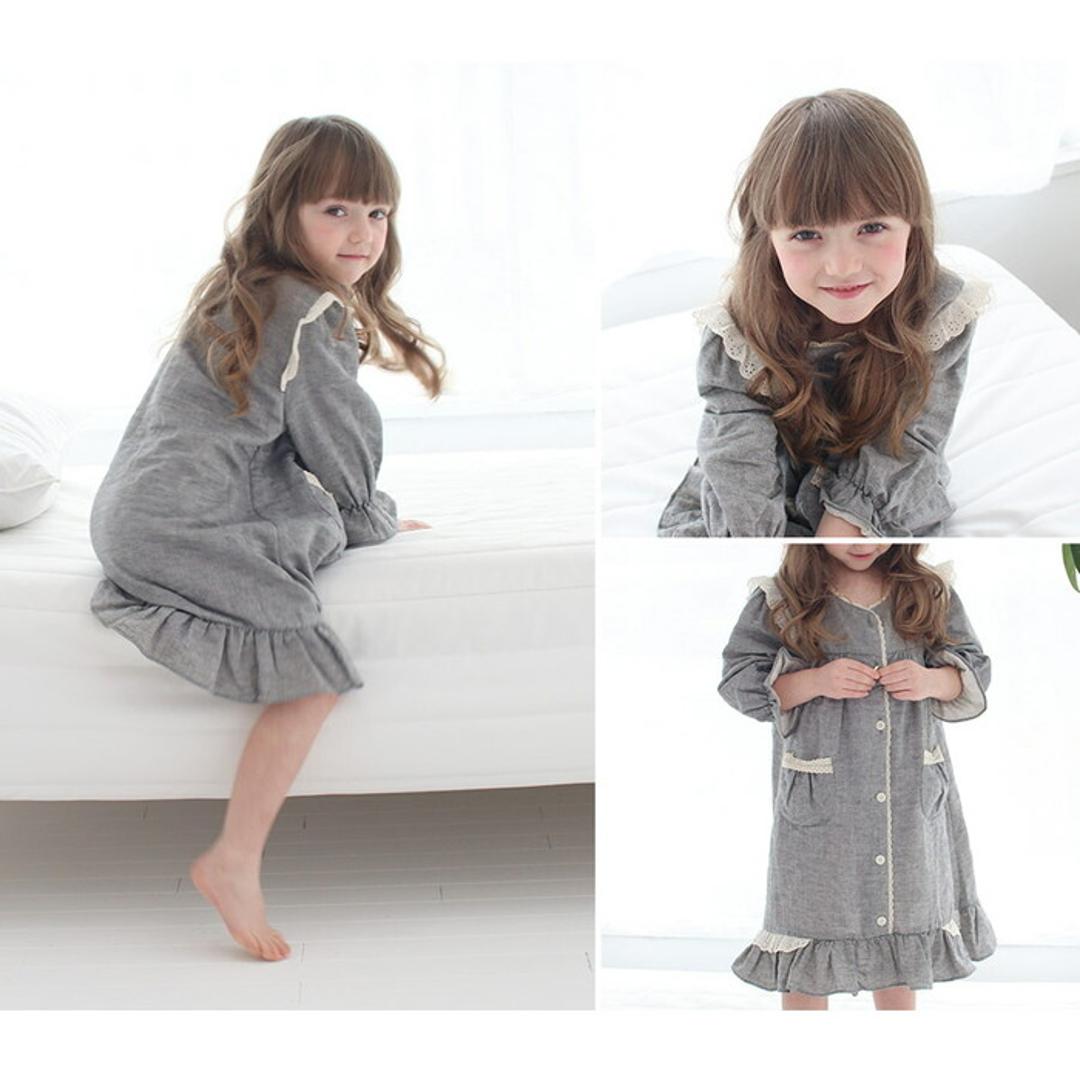 Rora キッズ パジャマ 女の子 ジュニア 通販 ワンピース 10006251 パジャマドレス ナイトドレス ルームワンピース 長袖 ポケット レース フリル おしゃれ かわいい オシャレ 可愛い ワンピ ルームウェア ナイトウェア 子ども服 子供服 キッズファッション GRAY L