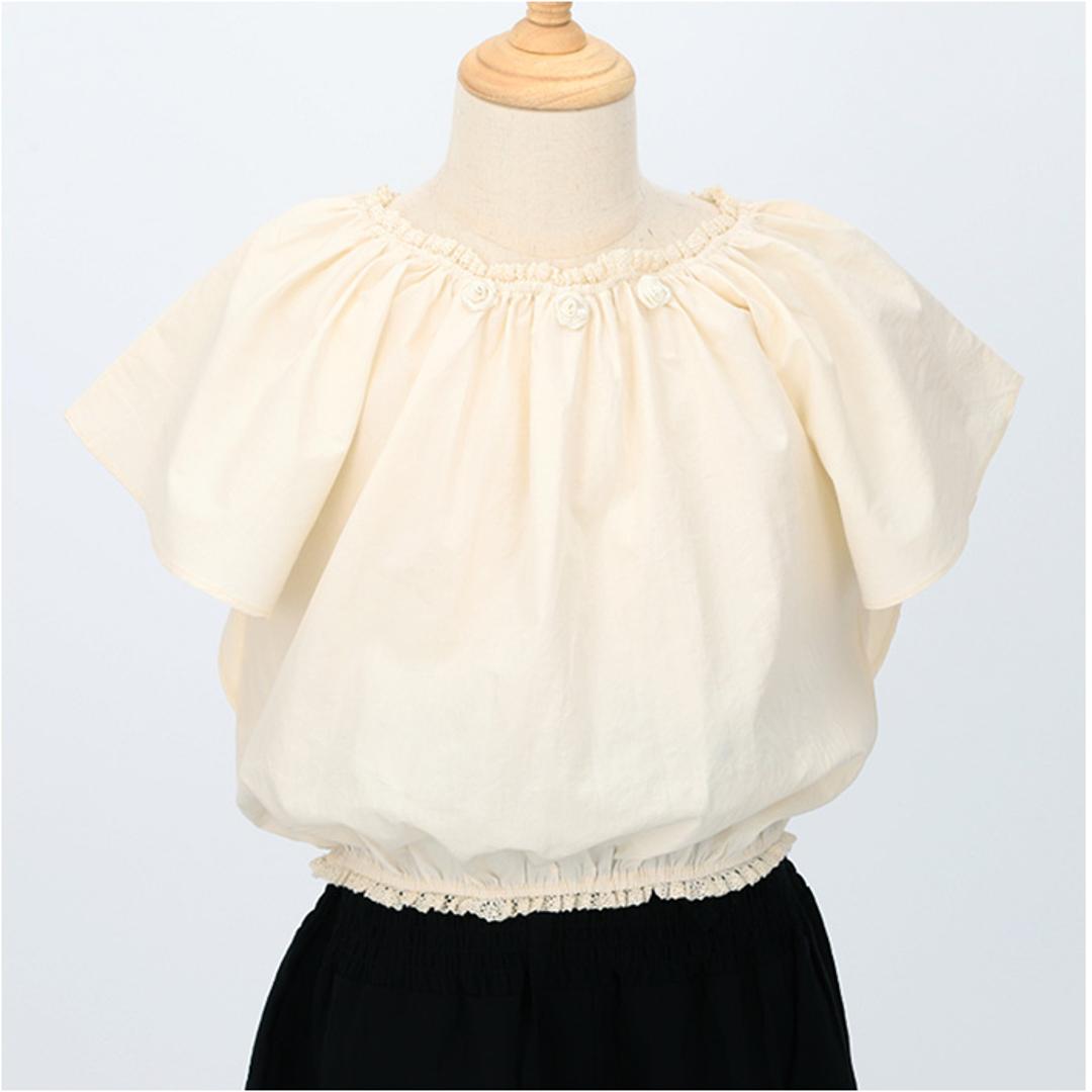 Rora ブラウス 襟なし 通販 ローラ クリーミー カットソー キッズ 子供 女の子 女子 こども 子ども きれいめ 白 ベージュ フレアスリーブ 花 お花 おしゃれ かわいい オシャレ 可愛い カジュアル トップス 子ども服 子供服 キッズファッション クリーム 110cm