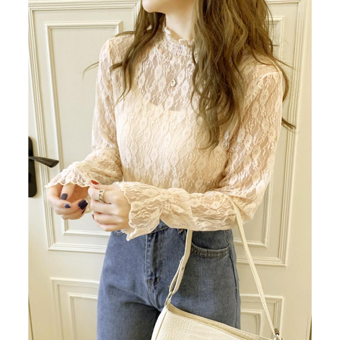 シースルー ブラウス 通販 シースルーブラウス 長袖ブラウス レースブラウスレディース レディース 女性 トップス ハイネックブラウス レーストップス 長袖トップスおしゃれ 長袖トップスレディース 春夏秋 上品 透け感 立ち襟 オシャレ かわいい 可愛い ホワイト Mサイズ