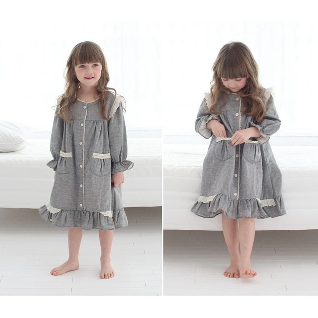 Rora キッズ パジャマ 女の子 ジュニア 通販 ワンピース 10006251 パジャマドレス ナイトドレス ルームワンピース 長袖 ポケット レース フリル おしゃれ かわいい オシャレ 可愛い ワンピ ルームウェア ナイトウェア 子ども服 子供服 キッズファッション GRAY L