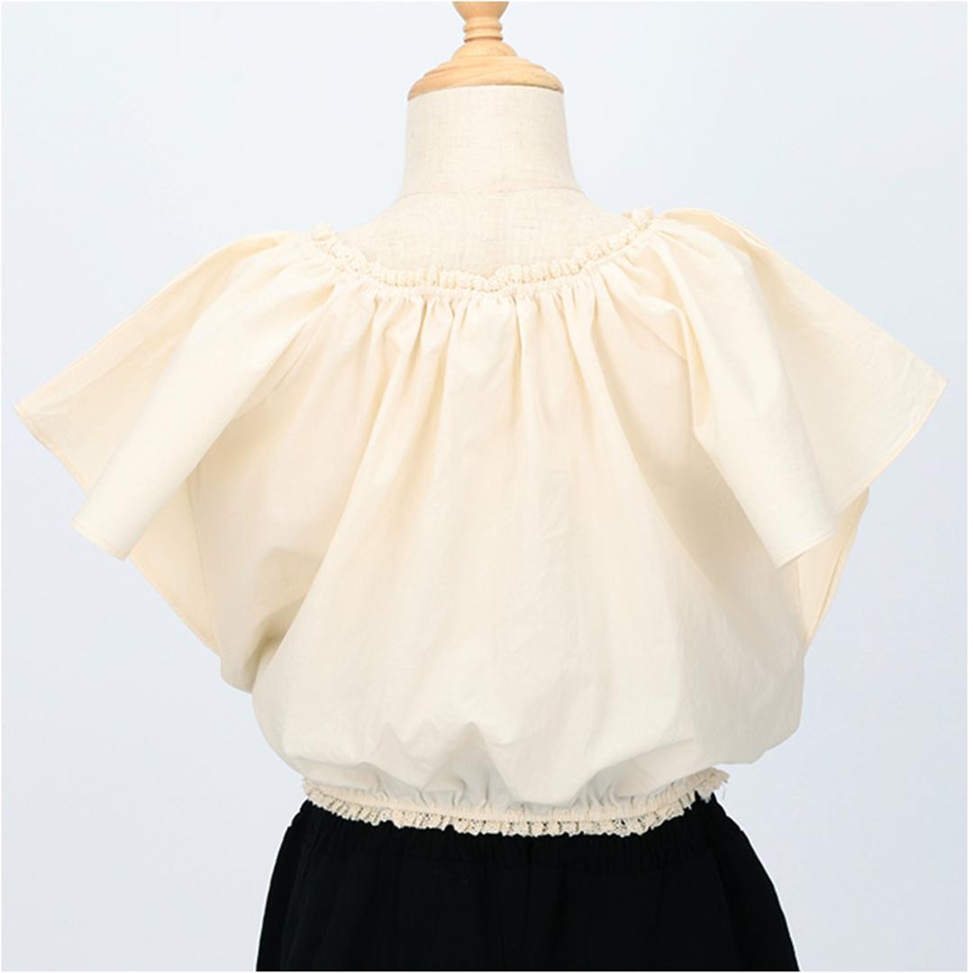 Rora ブラウス 襟なし 通販 ローラ クリーミー カットソー キッズ 子供 女の子 女子 こども 子ども きれいめ 白 ベージュ フレアスリーブ 花 お花 おしゃれ かわいい オシャレ 可愛い カジュアル トップス 子ども服 子供服 キッズファッション クリーム 110cm