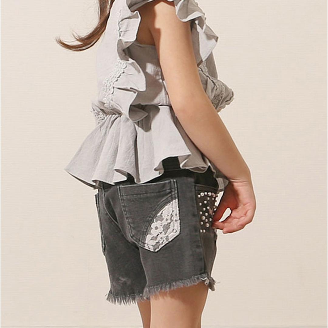 Rora ショートパンツ 通販 ローラ エステラ ハーフパンツ 短パン デニムパンツ デニム キッズ 子供 こども 子ども 女の子 女子 パール レース おしゃれ かわいい オシャレ 可愛い カジュアル ボトムス 子ども服 子供服 キッズファッション チャコールグレー 110cm