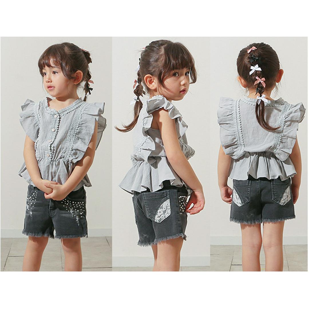 Rora ブラウス 襟なし 通販 ローラ レナ カットソー キッズ 子供 女の子 女子 こども 子ども きれいめ フレンチスリーブ フリル レース ボタン おしゃれ かわいい オシャレ 可愛い カジュアル トップス 子ども服 子供服 キッズファッション グレー 110cm