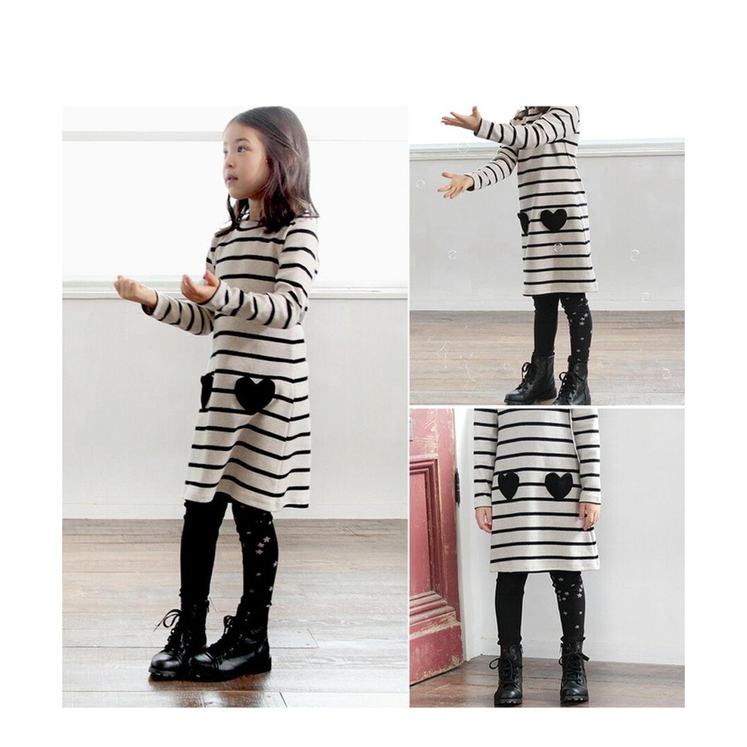 Rora キッズ ワンピース 女の子 長袖 通販 キッズワンピース 10001714 長袖ワンピース 冬 秋冬 ボーダー ハート ポケット付き しましま 綿 コットン ナチュラル おしゃれ 可愛い オシャレ かわいい カジュアル 子ども服 子供服 キッズファッション RED×NAVY 120cm