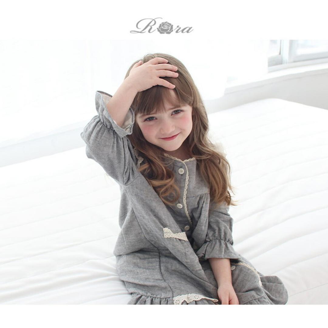 Rora キッズ パジャマ 女の子 ジュニア 通販 ワンピース 10006251 パジャマドレス ナイトドレス ルームワンピース 長袖 ポケット レース フリル おしゃれ かわいい オシャレ 可愛い ワンピ ルームウェア ナイトウェア 子ども服 子供服 キッズファッション GRAY L