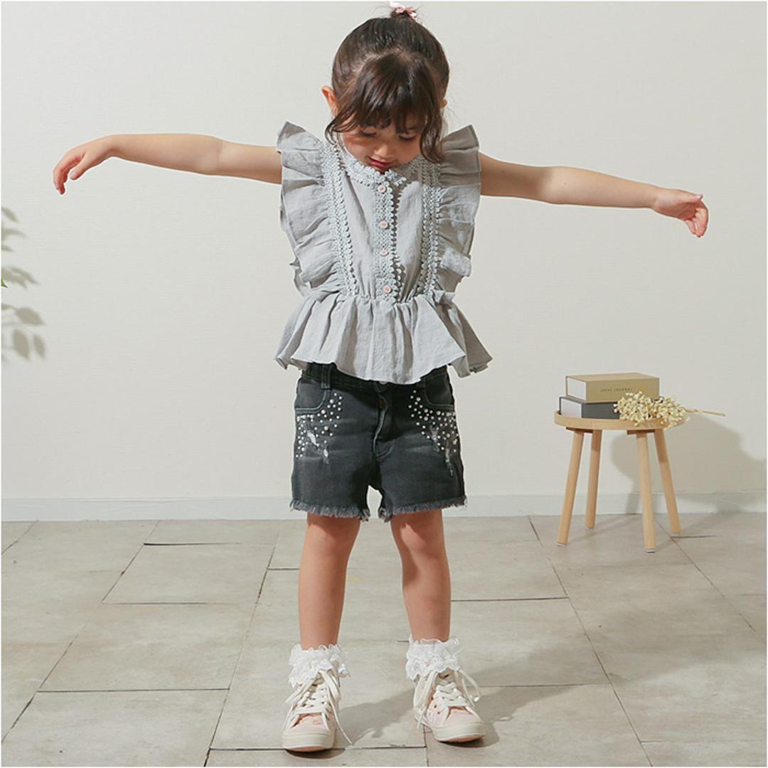 Rora ブラウス 襟なし 通販 ローラ レナ カットソー キッズ 子供 女の子 女子 こども 子ども きれいめ フレンチスリーブ フリル レース ボタン おしゃれ かわいい オシャレ 可愛い カジュアル トップス 子ども服 子供服 キッズファッション グレー 110cm