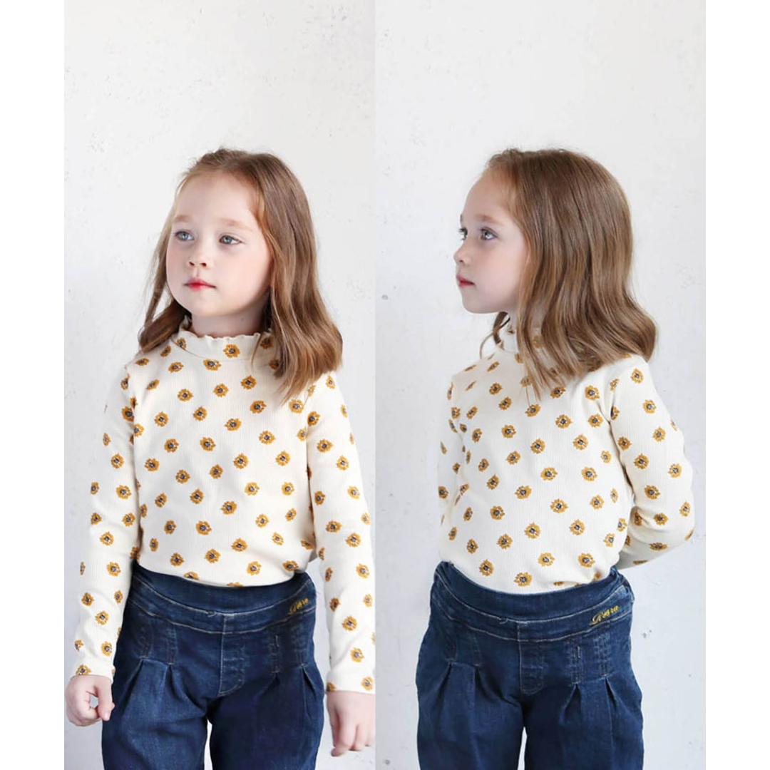 Rora 女の子 キッズ 長袖 Tシャツ 通販 ロンT 63042302 長袖Tシャツ カットソー リブ編み ハイネック 花柄 ひまわり おしゃれ かわいい オシャレ 可愛い 秋 冬 春 秋冬 こども 女子 小学生 トップス 子ども服 子供服 キッズファッション ココア 100cm