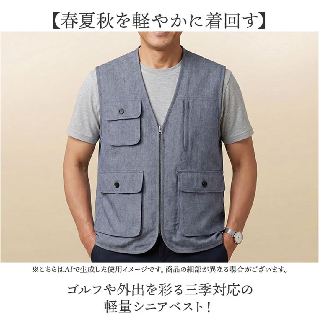 シニア メンズ ベスト 通販 6ポケットベスト 麻混 ジレ ブランド 紳士 50代 60代 70代 80代 男性 トップス 春 夏 秋 紳士服 ゴルフ きれいめ メンズシニア 男性用 洗濯 オシャレ お洒落 釣り シニアファッション グレー Mサイズ