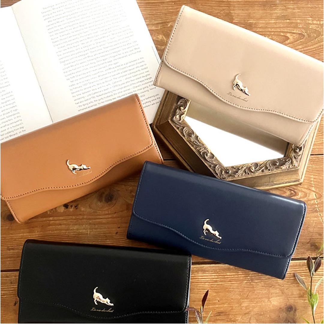 長財布 レディース 通販 財布 ウォレット ロングウォレット 長サイフ スリム 小銭入れ かぶせ おしゃれ 大容量 軽量 カード入れ 薄い シンプル おさいふ サイフ ファスナー 長さいふ ワンポイント レディース財布 きれいめ 上品 贈り物 ギフト 伸び猫ブラック ・