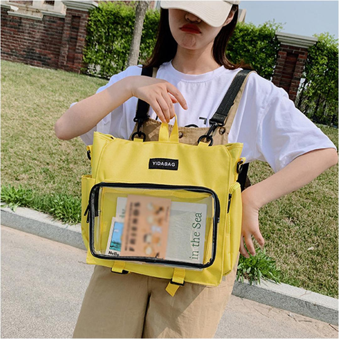 痛バッグ リュック 4way 通販 痛バ 推し活用バッグ トートバッグ ショルダー 斜めがけ 推し活 おしゃれ かわいい バッグ バック カバン 鞄 A4 大容量 透明ポケット クリア ぬいぐるみ 缶バッチ デコ 推し オタク 通学 お出かけ カジュアル ブラック ・