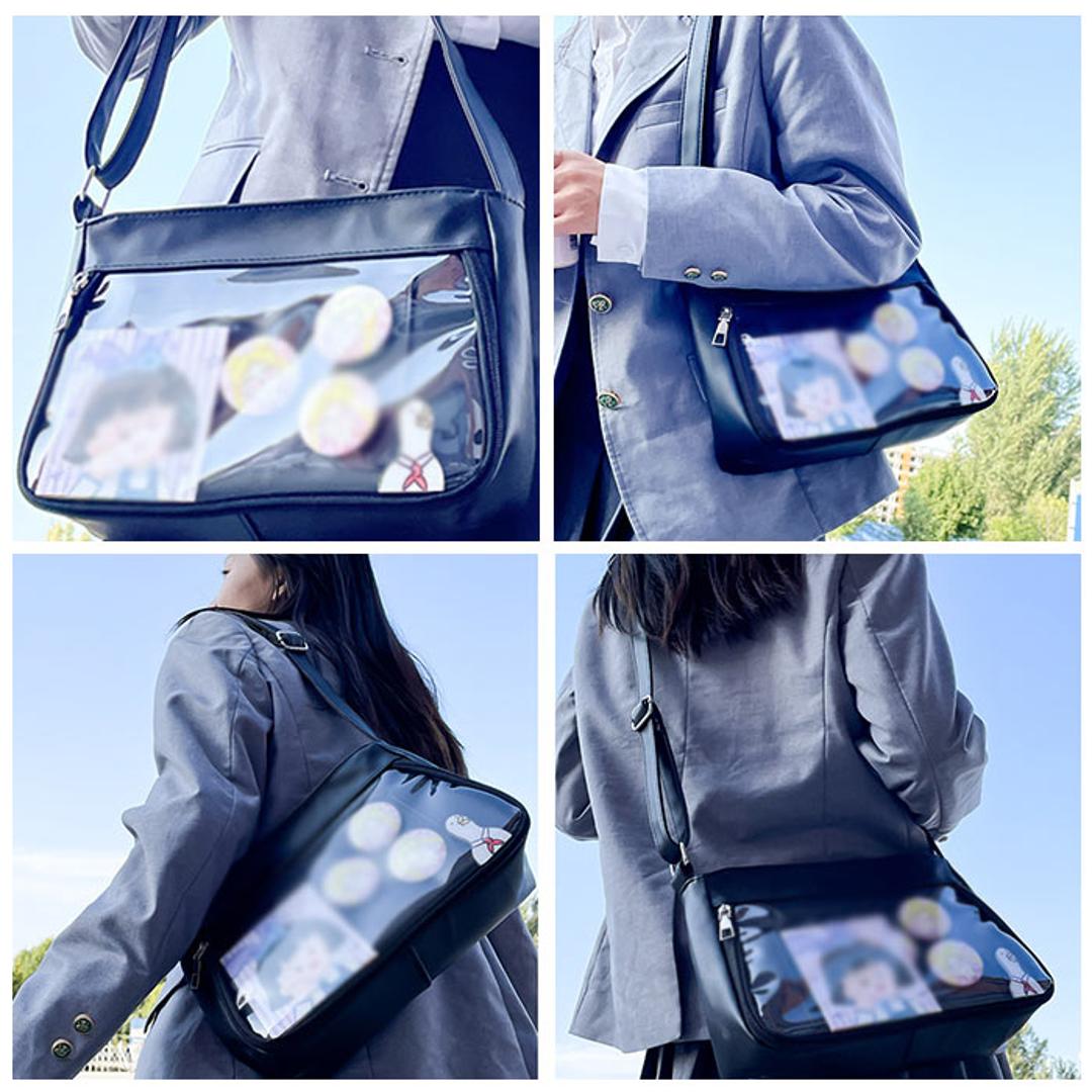痛バッグ ショルダーバッグ 通販 デコバッグ バック 鞄 かばん デコバ 痛バ 肩掛け 斜め掛け 透明ポケット 推し活 オタ活 イベント ぬいぐるみ 缶バッジ 学生 通学 軽量 PU クリアバッグ トートバッグ メッセンジャーバッグ おしゃれ ホワイト ・