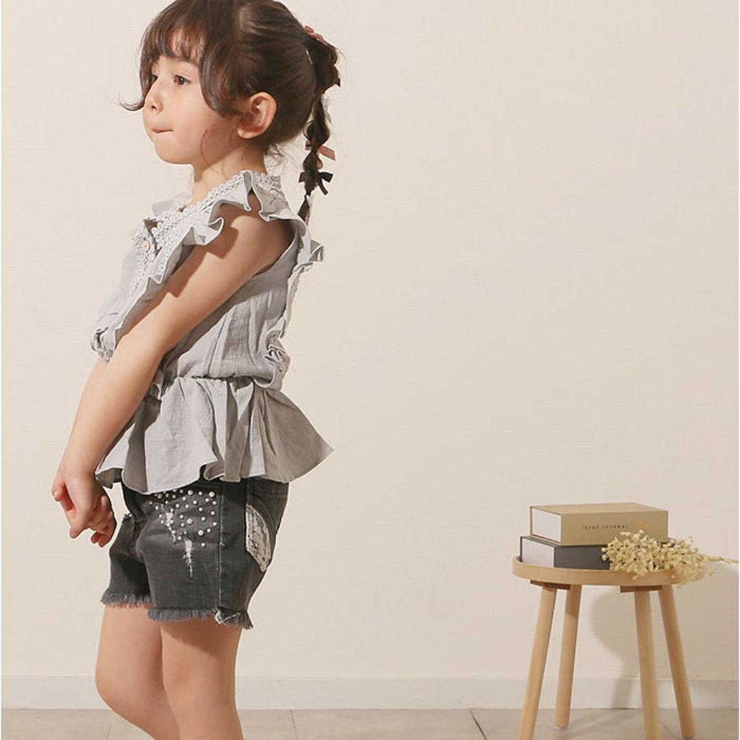 Rora ショートパンツ 通販 ローラ エステラ ハーフパンツ 短パン デニムパンツ デニム キッズ 子供 こども 子ども 女の子 女子 パール レース おしゃれ かわいい オシャレ 可愛い カジュアル ボトムス 子ども服 子供服 キッズファッション チャコールグレー 110cm