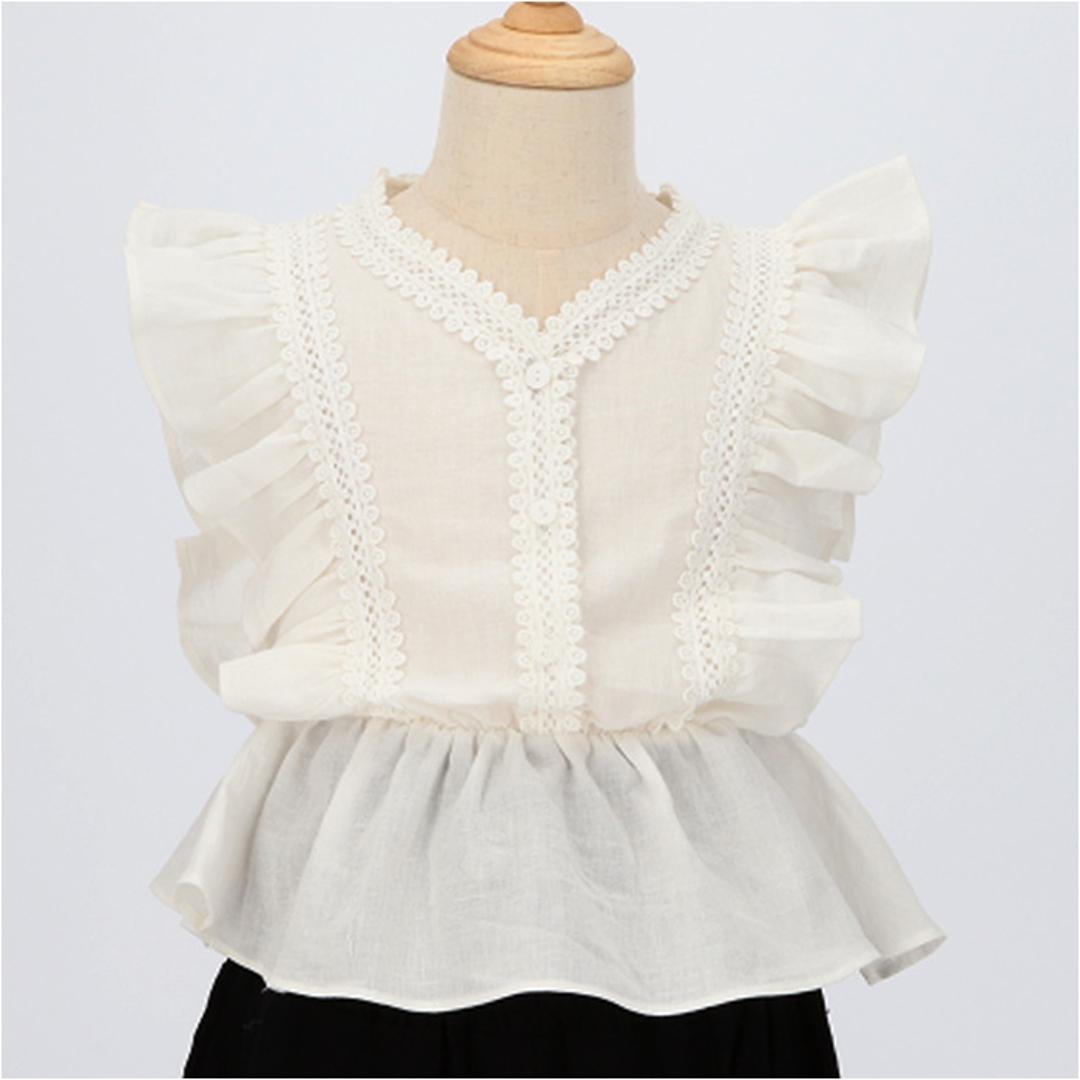 Rora ブラウス 襟なし 通販 ローラ レナ カットソー キッズ 子供 女の子 女子 こども 子ども きれいめ フレンチスリーブ フリル レース ボタン おしゃれ かわいい オシャレ 可愛い カジュアル トップス 子ども服 子供服 キッズファッション グレー 110cm
