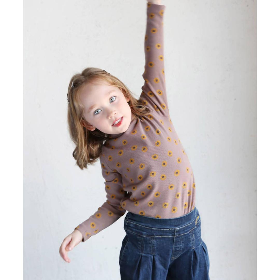 Rora 女の子 キッズ 長袖 Tシャツ 通販 ロンT 63042302 長袖Tシャツ カットソー リブ編み ハイネック 花柄 ひまわり おしゃれ かわいい オシャレ 可愛い 秋 冬 春 秋冬 こども 女子 小学生 トップス 子ども服 子供服 キッズファッション ココア 100cm