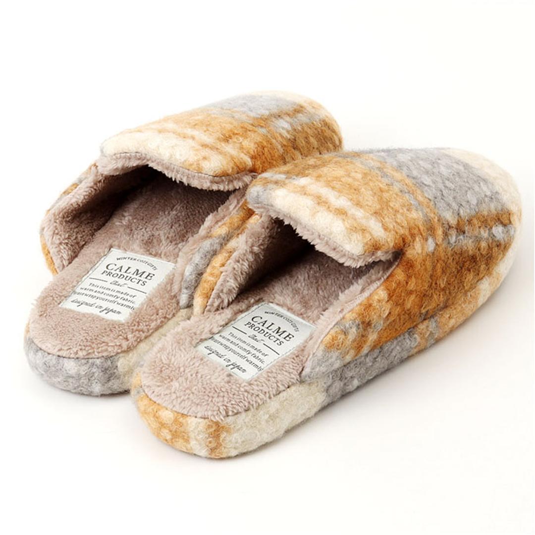 カルム スリッパ CALME 通販 ルームシューズ ルームスリッパ ルームサンダル 室内履き 部屋履き 室内スリッパ 前詰まりスリッパ プードルボアチェックスリッパ 室内用 来客用 冬 もこもこ レディース ボア ふわふわ おしゃれ チェック かわいい オレンジ ・