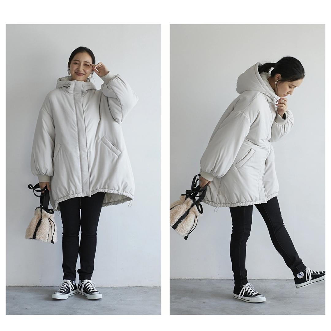 パーカーコート レディース 通販 パーカー コート ボリューム袖 アウター 中綿コート ミドル丈 ミディアム丈 ミドル丈中綿モンスターパーカー 秋 冬 秋冬 おしゃれ シンプル 女性 大人 かわいい カジュアル 通勤 通学 レディースファッション グレージュ Mサイズ