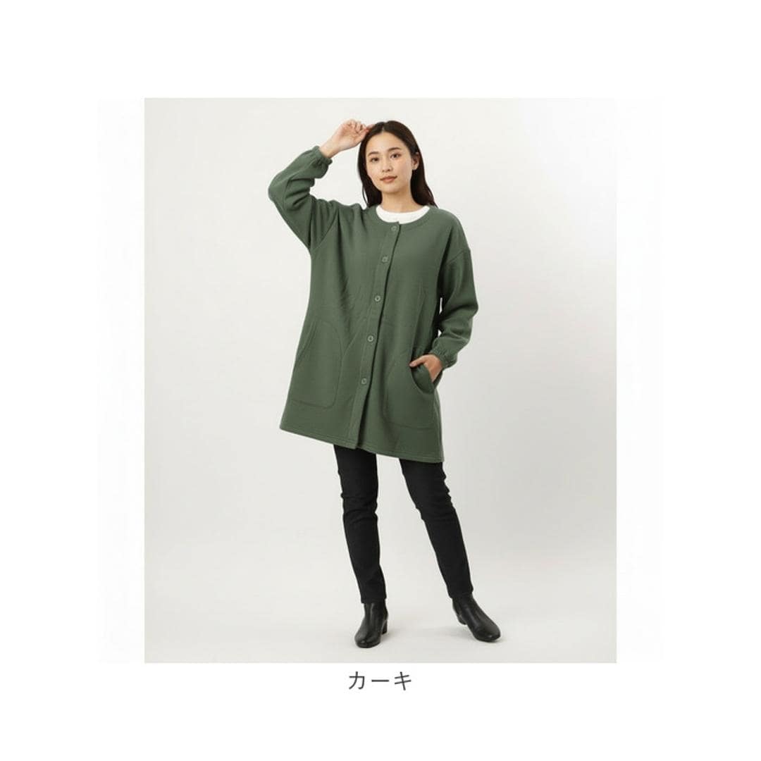 割烹着 おしゃれ あったか 通販 かっぽう着 スモック エプロン 長袖 前開き 前ボタン 保育士 レディース 大人 ポケット あたたかい 暖かい 袖リブ付き あったかい 防寒 袖付き 袖あり 厚手 裏起毛 GAP9266 テキスタイル キッチンファブリック チャコール ・