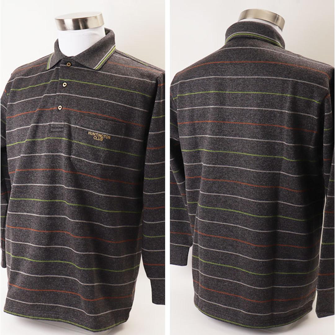 ポロシャツ 長袖 メンズ 通販 シャツ メンズシャツ トップス おしゃれ 長袖シャツ カジュアルシャツ カジュアル 長袖ポロシャツ ボーダーポロシャツ ボーダー HUNTINGTON CLUB ハンティントンクラブ 胸ポケット付き シニア 紳士 オシャレ ボーダー柄/チャコール Mサイズ
