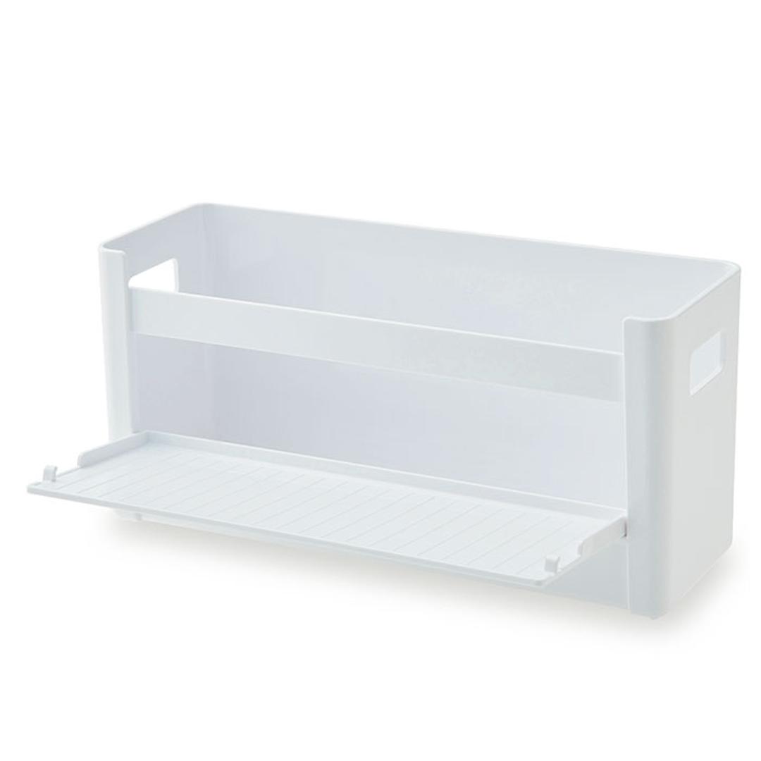 ボトルホルダー 通販 横型 ヨコ型 ボトル ホルダー スパイスケース 水切り 持ち手付き マグネット付き 開閉トレイ 開閉式トレー 収納 すっきり 水筒 ランドリー用品 ラップ 保存用袋 キッチン小物 ホワイト ・