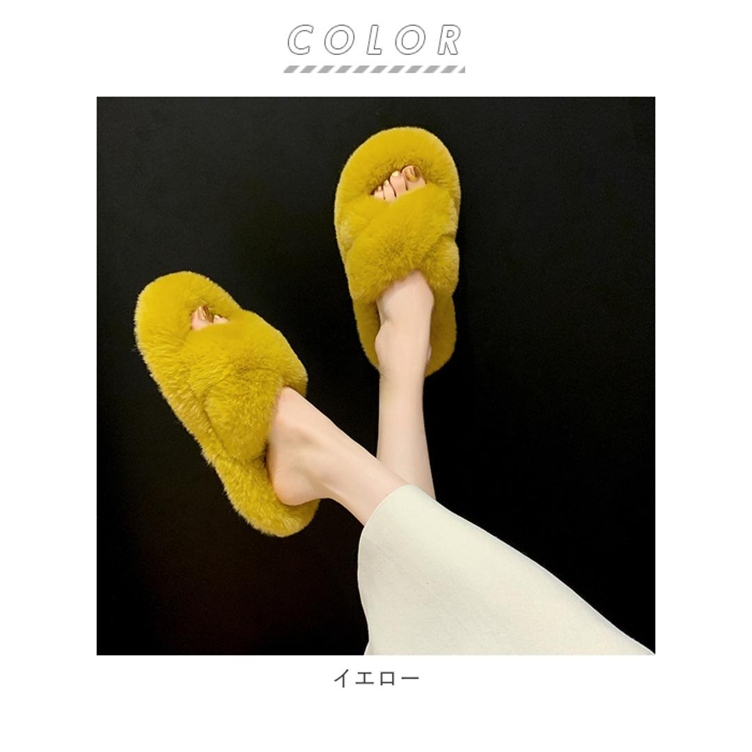 スリッパ おしゃれ 冬用 通販 ルームシューズ 冬 フェイク ファー レディース もこもこ あったか 大人 可愛い 暖かい かわいい 女の子 前開き 前あき 室内履き オシャレ 雑貨 インテリア イエロー 22.5CM(35)