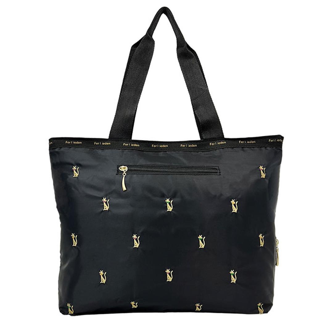 トートバッグ 軽量 通販 Ferlieden フェアリーデン 小花刺繍 大人かわいい コンパクト 肩掛け トート おしゃれ かわいい 女性 カジュアル フェミニン バッグ カバン シンプル 軽い 通勤 刺繍 猫.ブラック ・