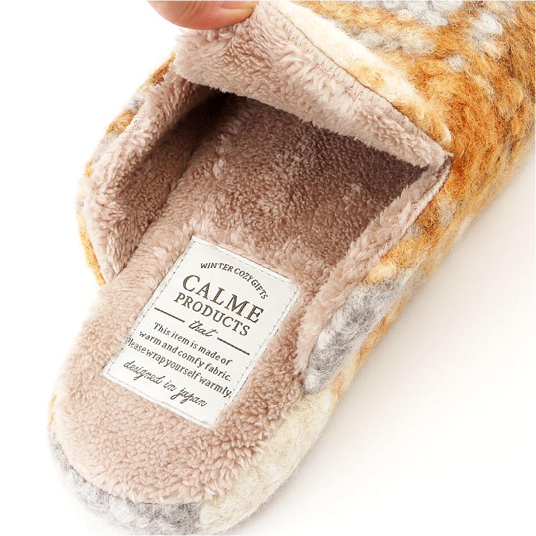 カルム スリッパ CALME 通販 ルームシューズ ルームスリッパ ルームサンダル 室内履き 部屋履き 室内スリッパ 前詰まりスリッパ プードルボアチェックスリッパ 室内用 来客用 冬 もこもこ レディース ボア ふわふわ おしゃれ チェック かわいい オレンジ ・