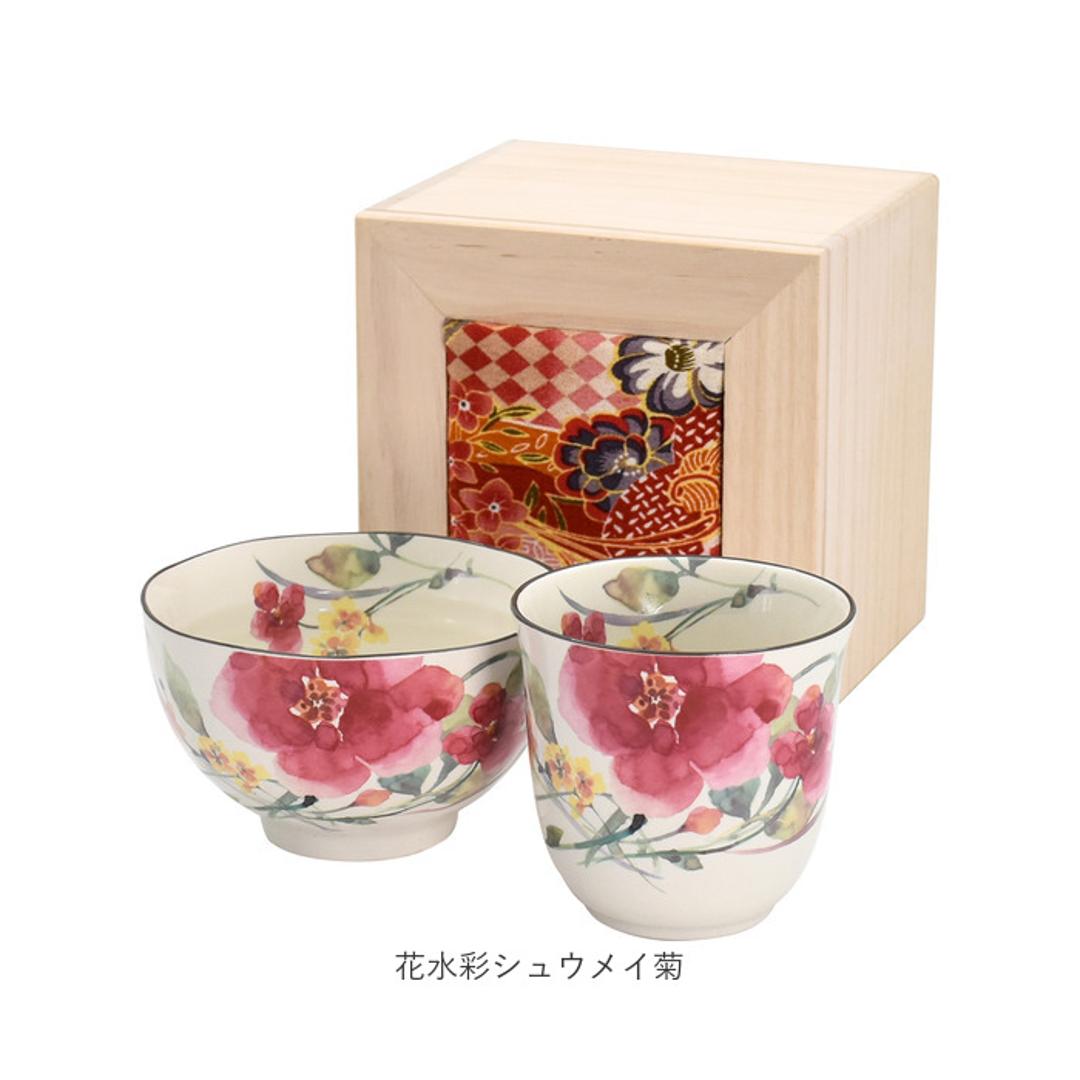 美濃焼 茶碗 湯呑 セット 通販 日本製 木箱入 和食器セット 食器 飯椀 湯呑み ご飯茶碗 湯のみ コップ 皿 お皿 陶器 おしゃれ 美濃焼き キッチン雑貨 誕生日 結婚祝い 還暦 男性 女性 両親 父 母 敬老の日 花かいろう山茶花 ・