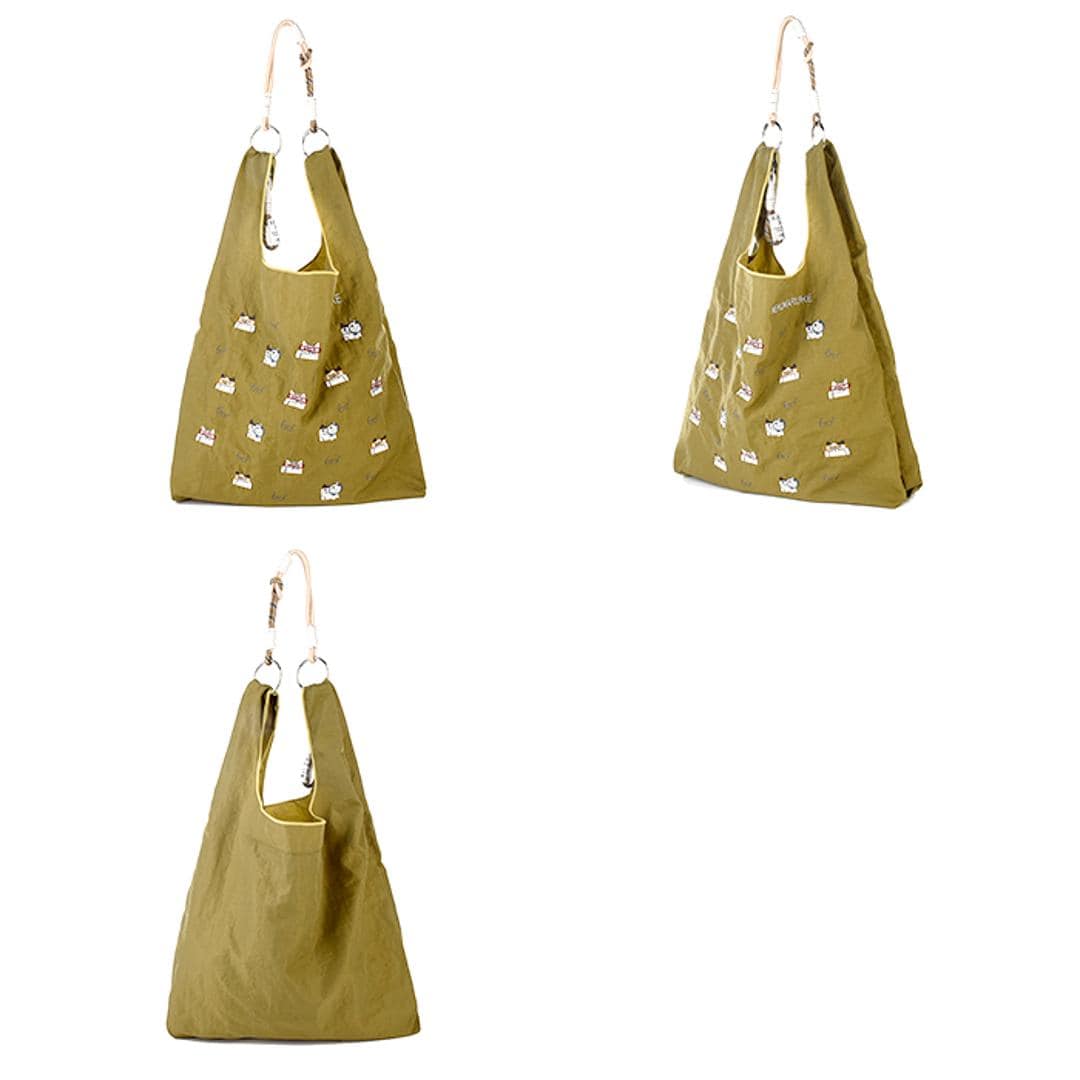 クスグルジャパン バッグ 通販 サブバッグ ナイロン エコバッグ エコバック ショッピングバッグ レジ袋 ハンドルロープ付き コンパクト 軽量 丈夫 マチ広 レディース メンズ ギフト 贈り物 おしゃれ かわいい ネコまるけ柄/カーキ ・