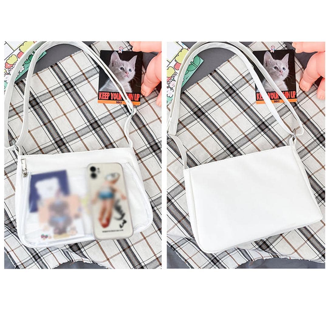 痛バッグ ショルダーバッグ 通販 デコバッグ バック 鞄 かばん デコバ 痛バ 肩掛け 斜め掛け 透明ポケット 推し活 オタ活 イベント ぬいぐるみ 缶バッジ 学生 通学 軽量 PU クリアバッグ トートバッグ メッセンジャーバッグ おしゃれ ホワイト ・