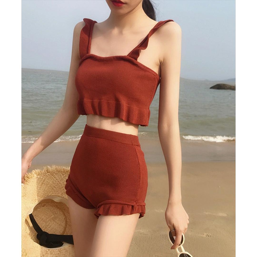 水着 レディース セパレート 通販 ダイヤモンドハーツ swm-0010 Diamond Hearts タンキニ ビキニ ツーピース スイムウェア ショートパンツ 20代 30代 おしゃれ かわいい ママ水着 フリル シンプル 大人 可愛い 無地 女性用 レッド系その他 Mサイズ