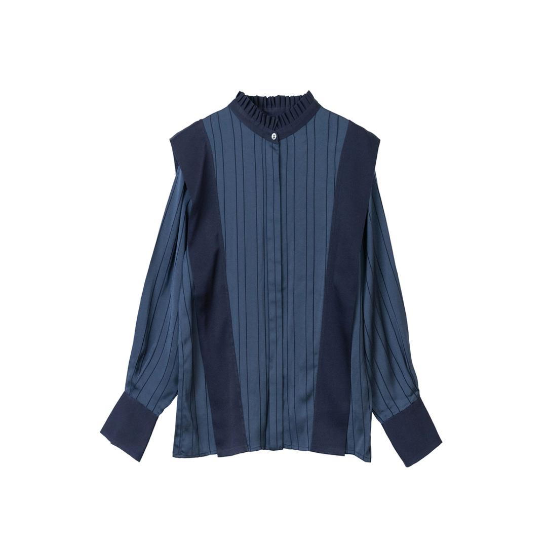 MIND マインド 襟 ギャザー ブラウス 通販 長袖ブラウス シャツ 長袖シャツ 襟ギャザー シワになりにくい 光沢感 上品 透け感 涼しげ 清潔感 ドレープ エレガント 大人 シンプル オシャレ おしゃれ デザイン 女性 トップス 仕事 ビジネス navy ・