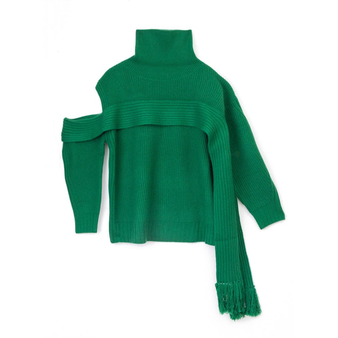 MIND フリンジマフラーニット 通販 ニット セーター リブニット タートルネック ハイネック ウール レディース おしゃれ シンプル 光沢 きれいめ 動きやすい 暖かい アシンメトリー ブランド マインド 123F018 トップス レディースファッション green ・